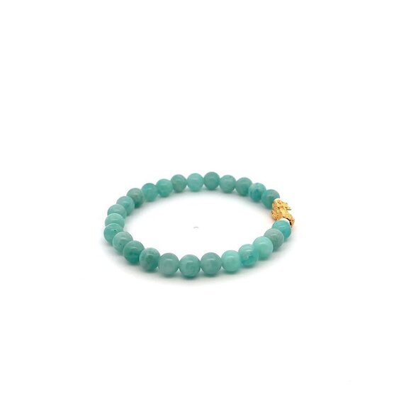 18K Gold Pixiu Piyao Lucky Charm Bracelet Natural Amazonite Peru Gemstones 6mm - Picture 4 of 6